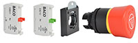 22 mm Red 40 mm Mushroom Push-Turn Black Bezel Emergency-Stop Switch with International Organization for Standardization (ISO) Symbol, 1 Normally Open (NO), 1 Normally Closed (NC), and 3 Position Clip
