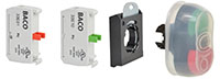22 mm Twin Touch Flush/Projected Green/Red Black Bezel Pushbutton with Shroud, Input Output (I O) Symbols, 1 Normally Open (NO), 1 Normally Closed (NC), and 3 Position Clip