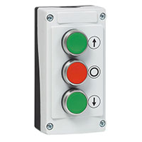 22 mm Green/Red/Green Flush Momentary Control Station with 1 Normally Open (NO), 1 Normally Closed (NC), 1 Normally Open (NO), Arrows, and Output (O) Symbol